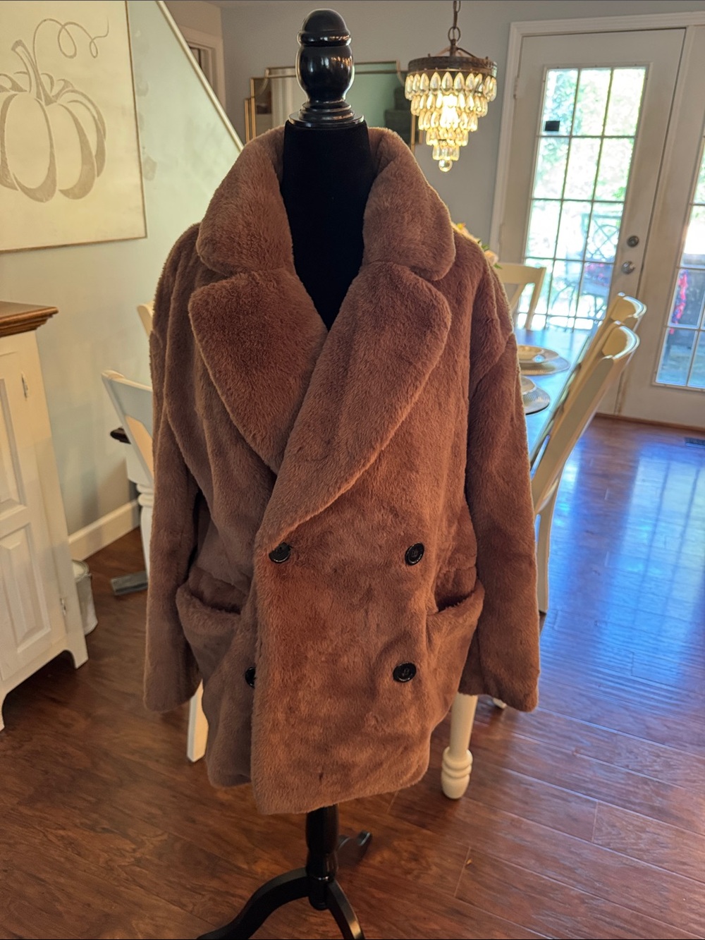 H&M Plush Faux Fur Double-Breasted Pea Coat in Brown